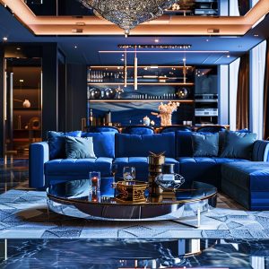 Dubai Luxury Blue Velvet Living Room Interior Design Ideas - DesignMaster Residential Fit Out Dubai